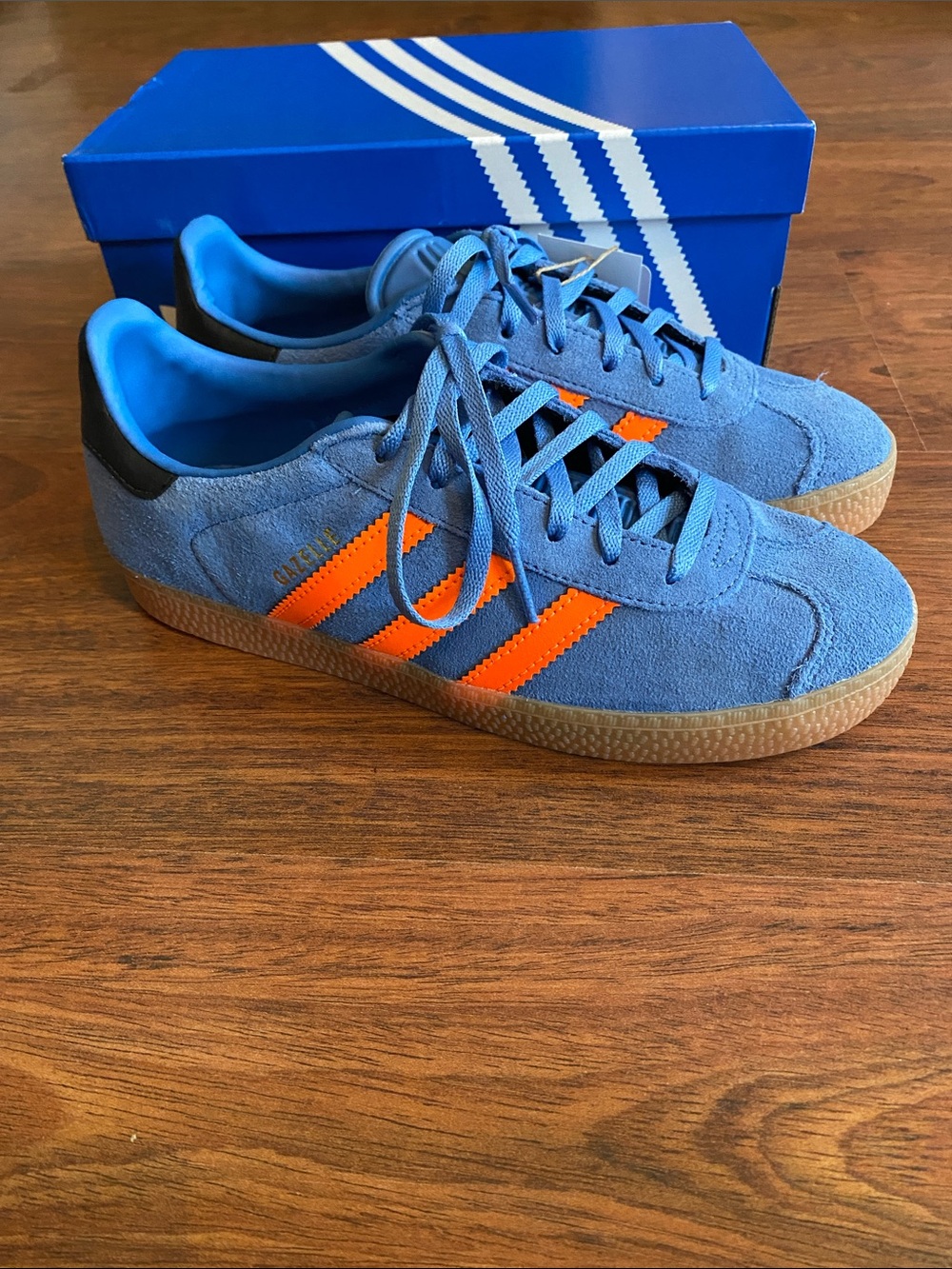 New Adidas Gazelle J Blue Suede Sneakers with Orange Stripes